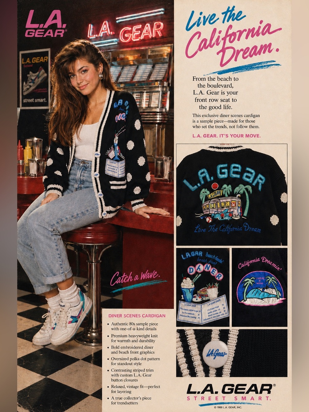 L.A. Gear VTG Sweater Cardigan Diner Scenes Live the California Dream
